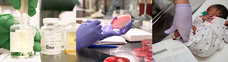 Scientists conducting tests and a newborn undergoing blood spot testing