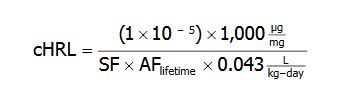 The cancer Health Risk Limit is equal to one times ten to the negative 5th times one thousand micrograms per milligram all divided by open parentheses the slope factor times the chemical-specific lifetime adjustment factor  times 0.043 liters per kilogram per day.