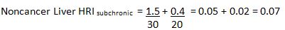 The equation for the non-cancer liver health risk index for the subchronic duration is equal to two terms added together. These two terms are for chloroform and vinyl chloride in this example. The first term is 1.5 micrograms per liter of water (for chloroform) divided by the subchronic health risk limit for chloroform, which is 30 micrograms per liter. Therefore, 1.5 divided by 30 equals 0.05.  The second term is 0.4 micrograms per liter of water for vinyl chloride divided by the subchronic health risk limit for vinyl chloride, which is 20 micrograms per liter of water. Therefore, the second term is equal to 0.02. Adding these two terms results in a health risk index of 0.07.