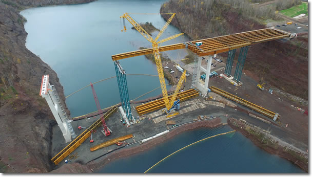 Aerial view of construction on Highway 52 bridge