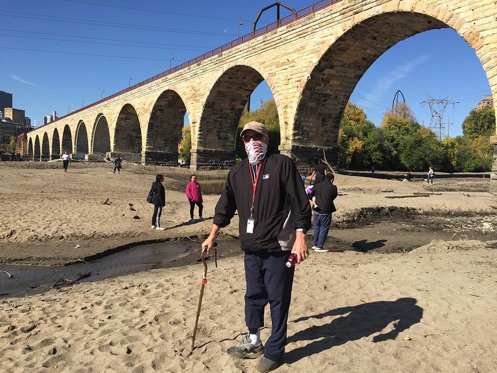 The exposed bed of the Mississippi River by the Stone Arch Bridge.