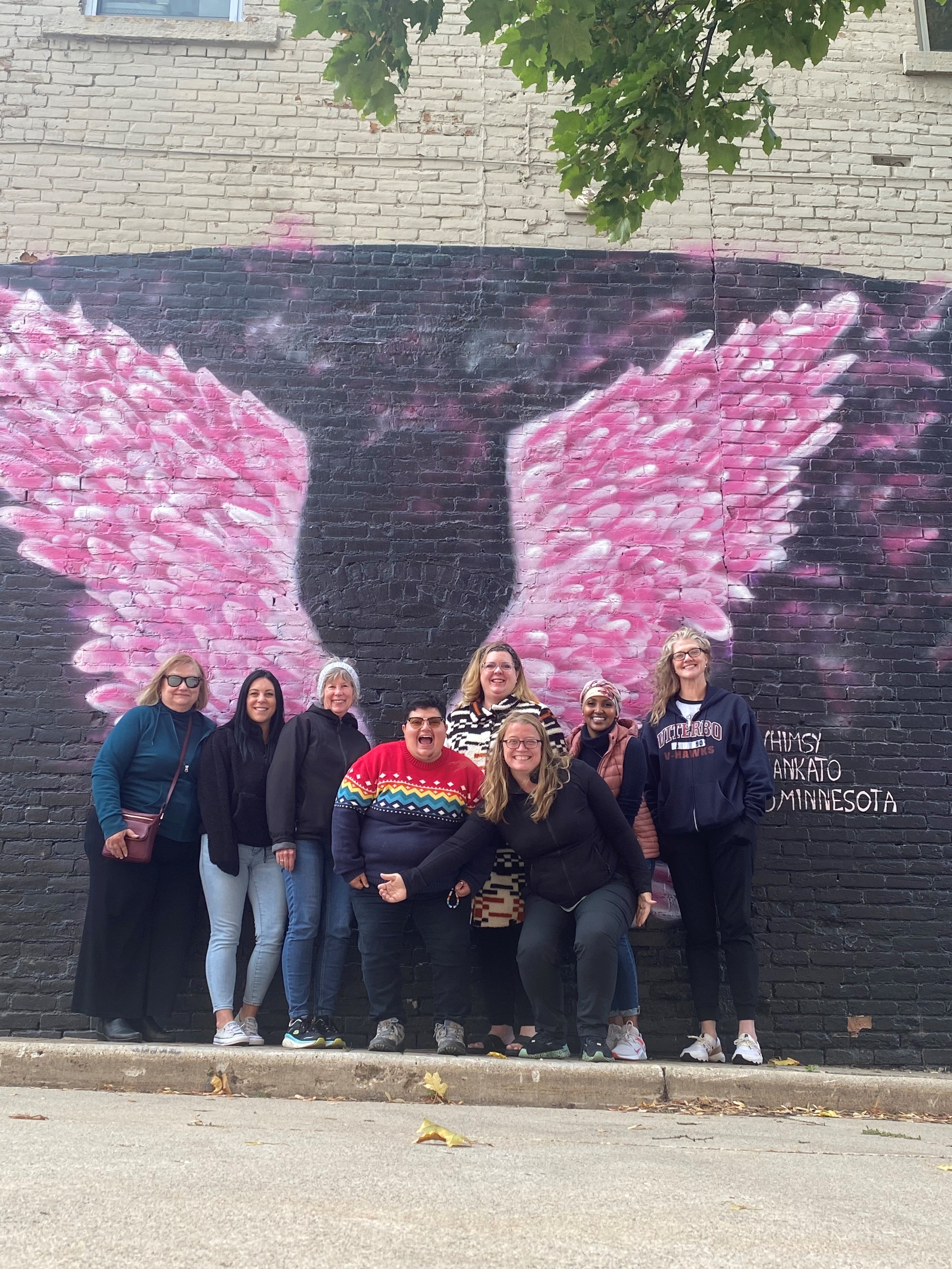 The Minnesota Health Equity Networks team in front of a mural featuring large pink wings.