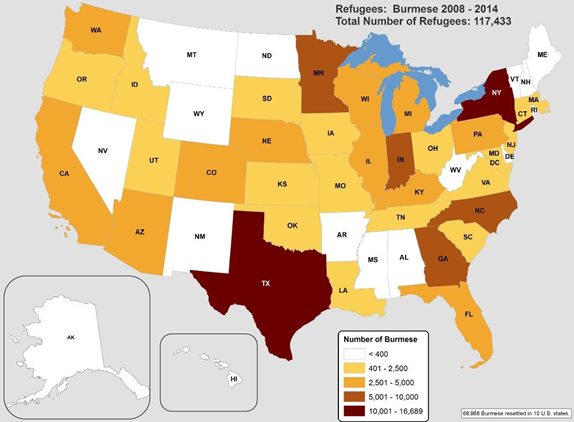 States of primary resettlement for all Burmese refugees, 2008-2014