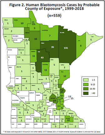 figure two shows map of minnesota with cases by county