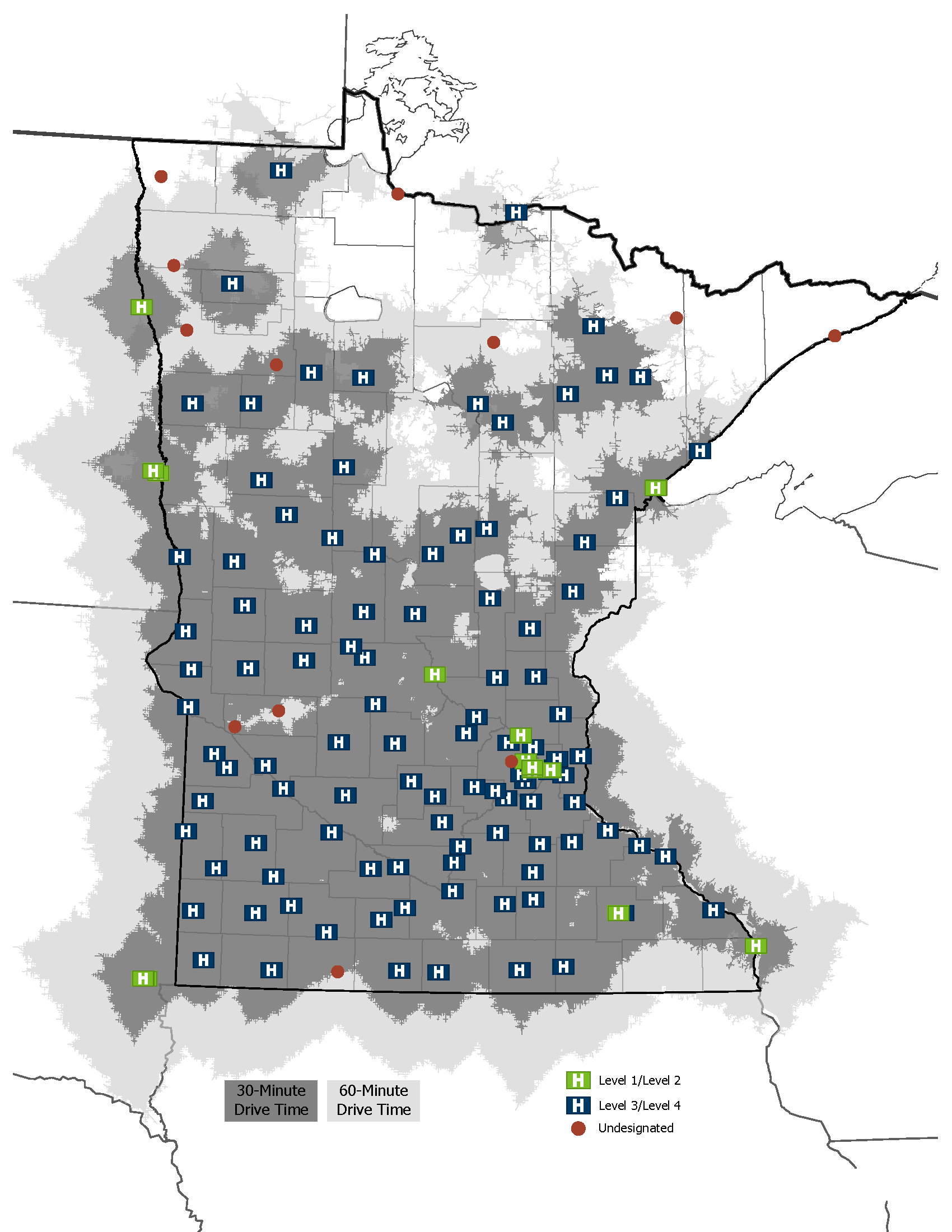 Map of drive times to trauma hospitals